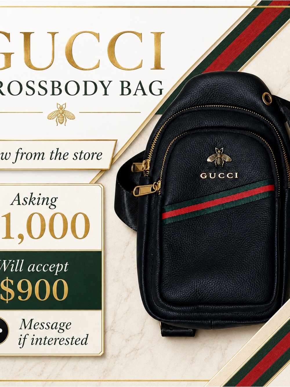 Gucci Black Leather Crossbody with Green-Red Web Stripe and Gold Bee